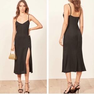 Reformation Brianna Black Linen Slit Dress